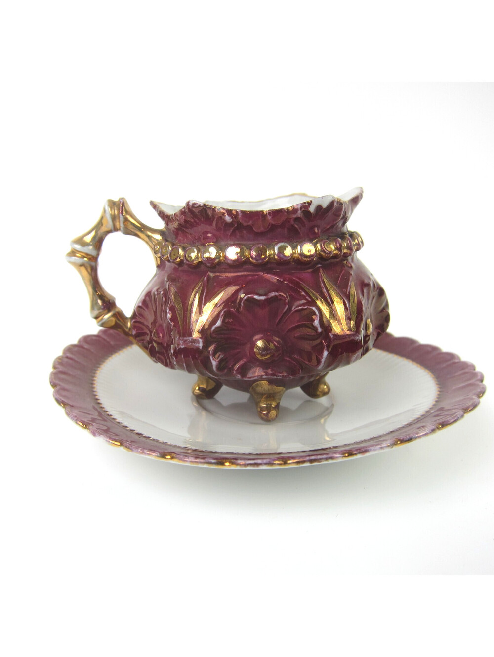 Antique Porcelain Footed Tea Cup & Saucer Set Burgundy & Gold Floral Demitasse